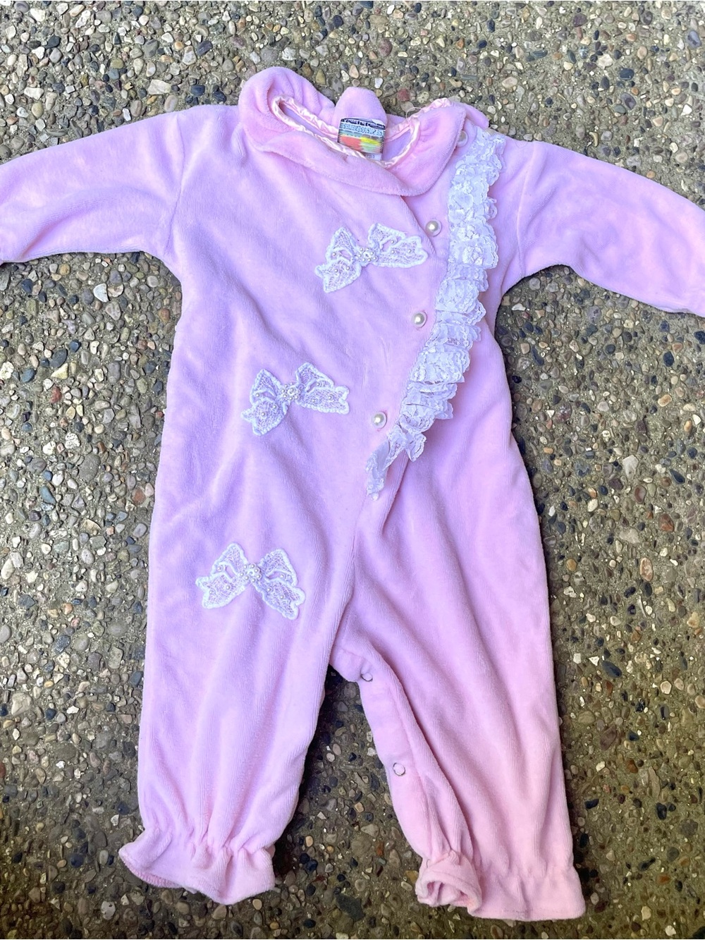 Vintage 80s Pink Infant One-Piece with Lace Bows 80% cotton pearl buttons